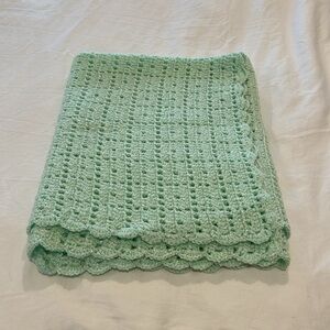 Sage Mint Green Baby Blanket Hand Crochet Edge Detail Shimmer 31x37